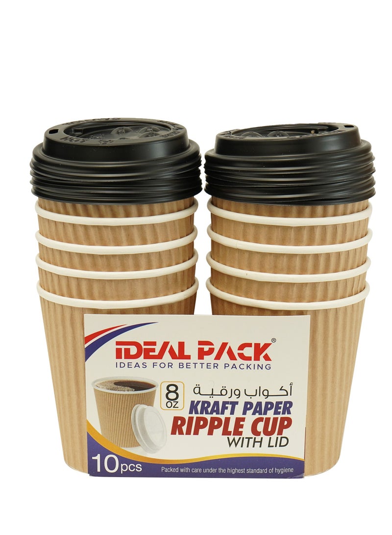 Ideal Pack Kraft Paper Ripple Cup with Lid, 8oz, Pack of 10pcs, Brown and Black 3 PKTS - Image 1