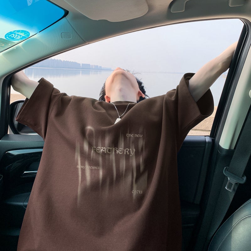 Intfeday National Tide Ootd Niche Fuzzy Letter Printed Short Sleeve T-Shirt Men'S And Women'S Plus Size Maillard Cotton Tee - Image 1