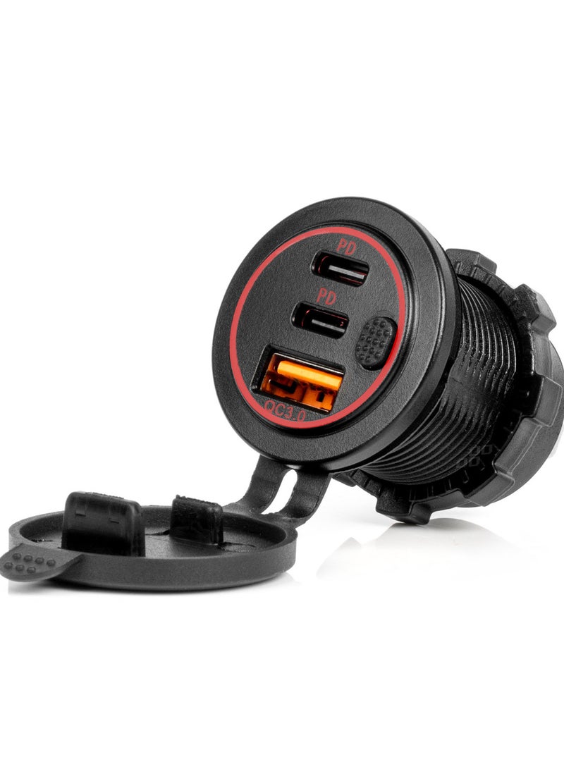 AMIO Waterproof Phone Charger with Switch RED LED Backlight USB + 2xUSB C QC3.0 12/24V - Image 1