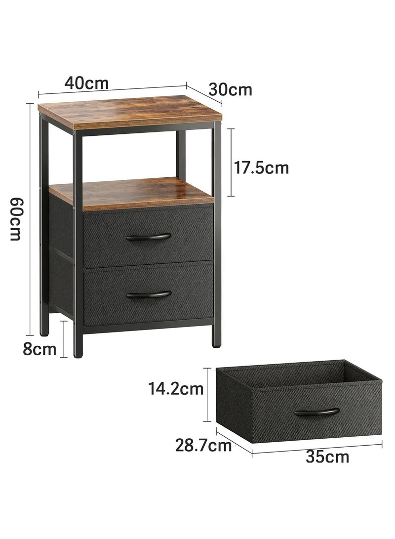 Chulovs Bedside Table, Nightstand with Adjustable Fabric Drawer, Bedside Stand for Bedroom, 3-Tier Storage Side Table for Living Room, Rustic Brown and Black (2-drawers) - Image 2