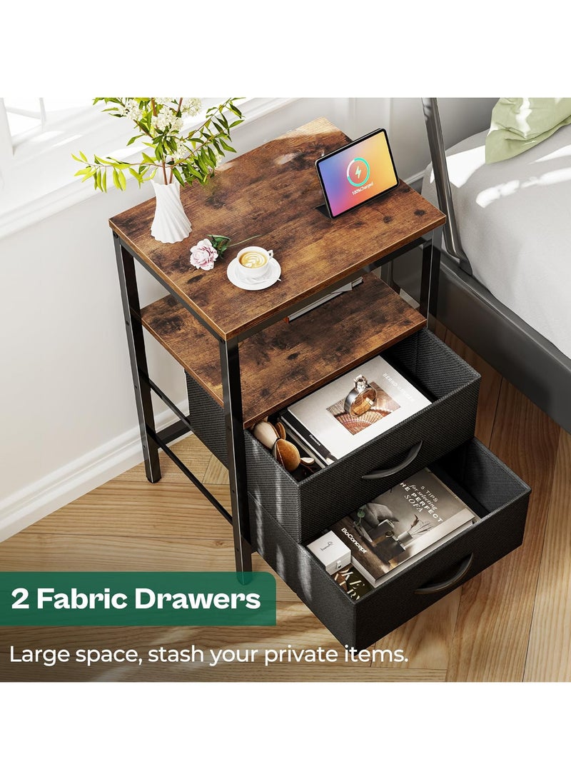 Chulovs Bedside Table, Nightstand with Adjustable Fabric Drawer, Bedside Stand for Bedroom, 3-Tier Storage Side Table for Living Room, Rustic Brown and Black (2-drawers) - Image 3