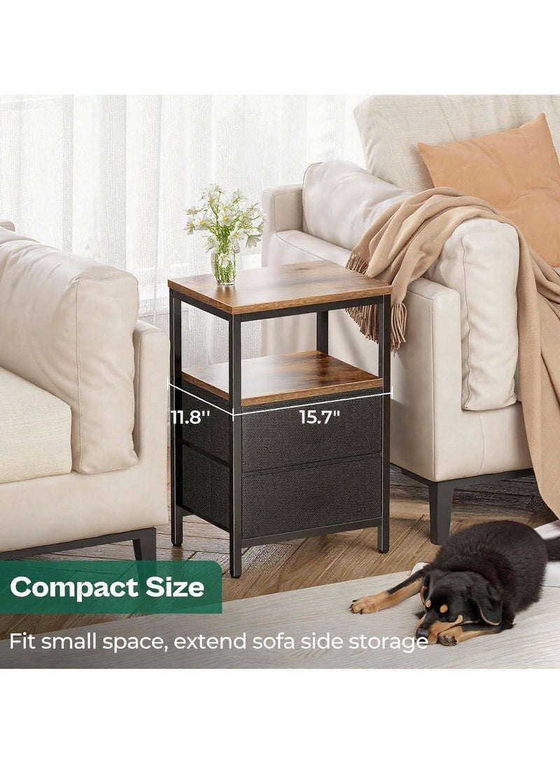 Chulovs Bedside Table, Nightstand with Adjustable Fabric Drawer, Bedside Stand for Bedroom, 3-Tier Storage Side Table for Living Room, Rustic Brown and Black (2-drawers) - Image 4