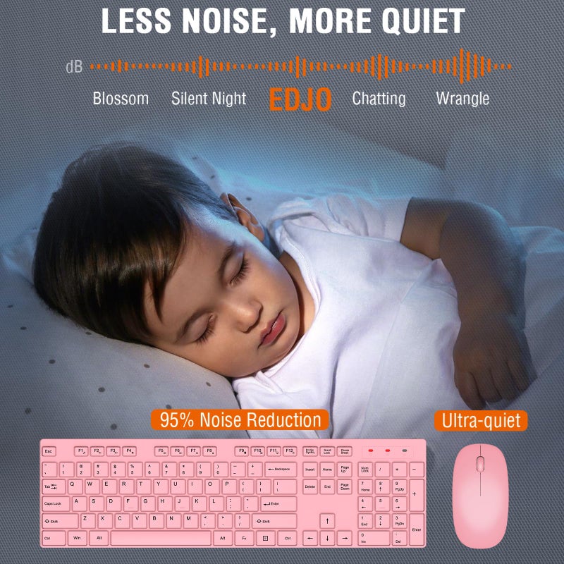 EDJO Wireless Keyboard and Mouse Combo, EDJO Silent Full Size Cordless USB Keyboard Mouse, 2.4GHz Lag-Free, Long Battery Life, for Computer, Laptop, PC, Chromebook, Windows (Pink, 1 Pack) - Image 2
