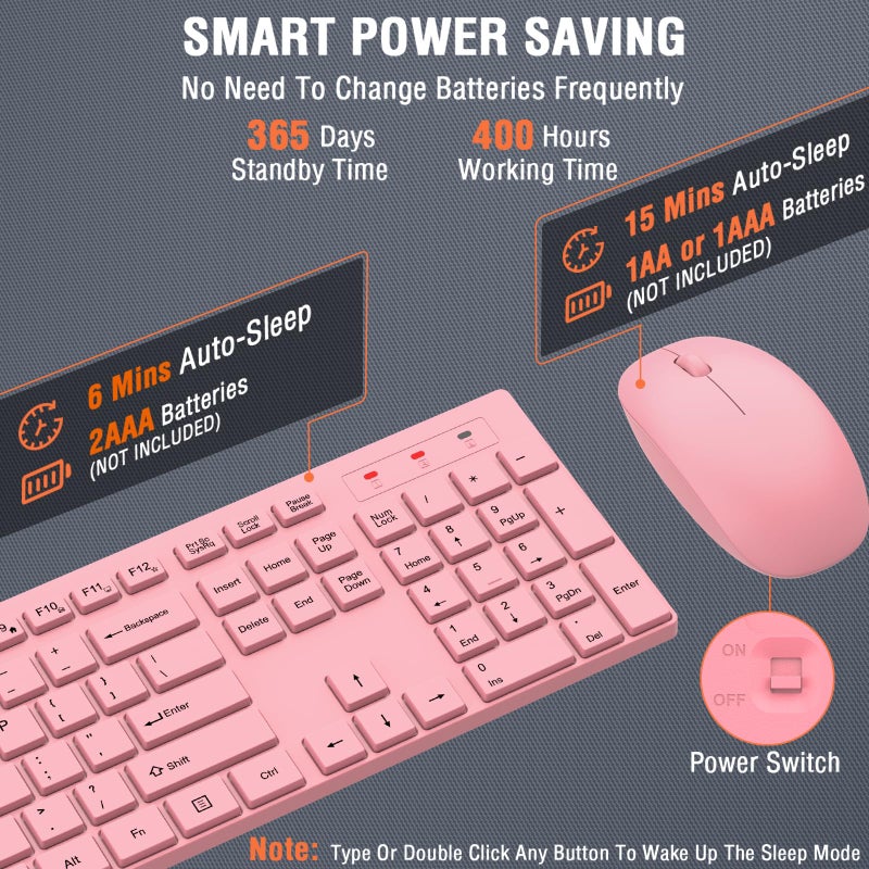 EDJO Wireless Keyboard and Mouse Combo, EDJO Silent Full Size Cordless USB Keyboard Mouse, 2.4GHz Lag-Free, Long Battery Life, for Computer, Laptop, PC, Chromebook, Windows (Pink, 1 Pack) - Image 4