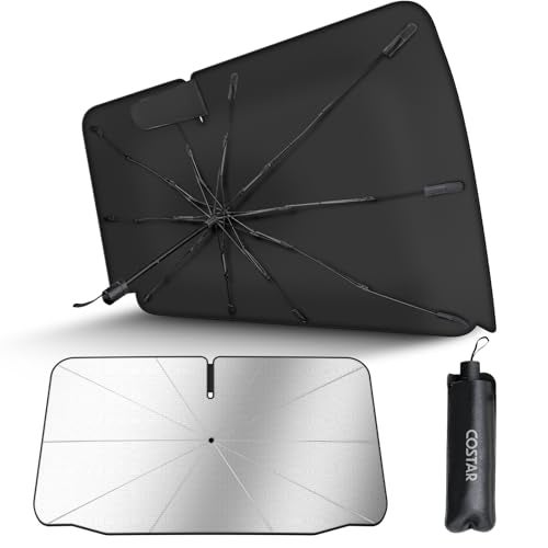 Costar [Upgrade] COSTAR Windshield Sun Shade Umbrella - [Dot-Patterned Silver Reflective Shield] | Anti-Crease, Blocks Heat & UV | Fiberglass Umbrella Ribs | Fits 85% India Cars, Medium (145x85cm) - Image 1