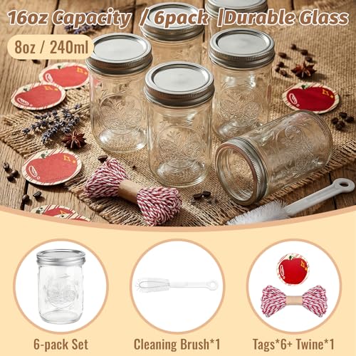 AuroTrends 16 oz Wide Mouth Mason Jars with Embossing Pattern, 6 Pack Canning Jars with Volume Marks,Pint Glass Jars with lids for Fermenting,Pickling,Preserving,Meal Prep,Pantry organization,Gift Giving&Crafts - Image 4