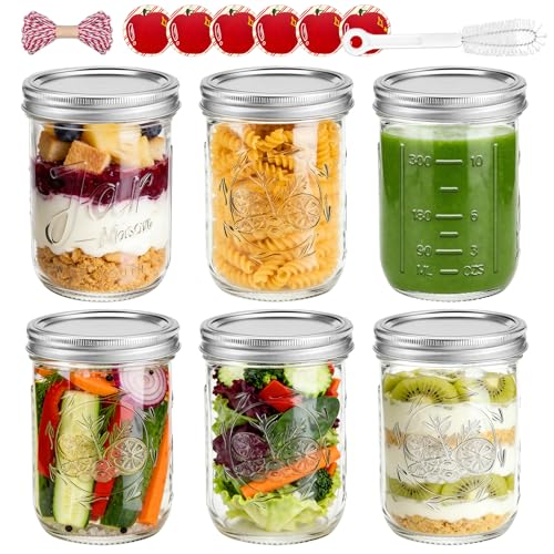 AuroTrends 16 oz Wide Mouth Mason Jars with Embossing Pattern, 6 Pack Canning Jars with Volume Marks,Pint Glass Jars with lids for Fermenting,Pickling,Preserving,Meal Prep,Pantry organization,Gift Giving&Crafts - Image 1