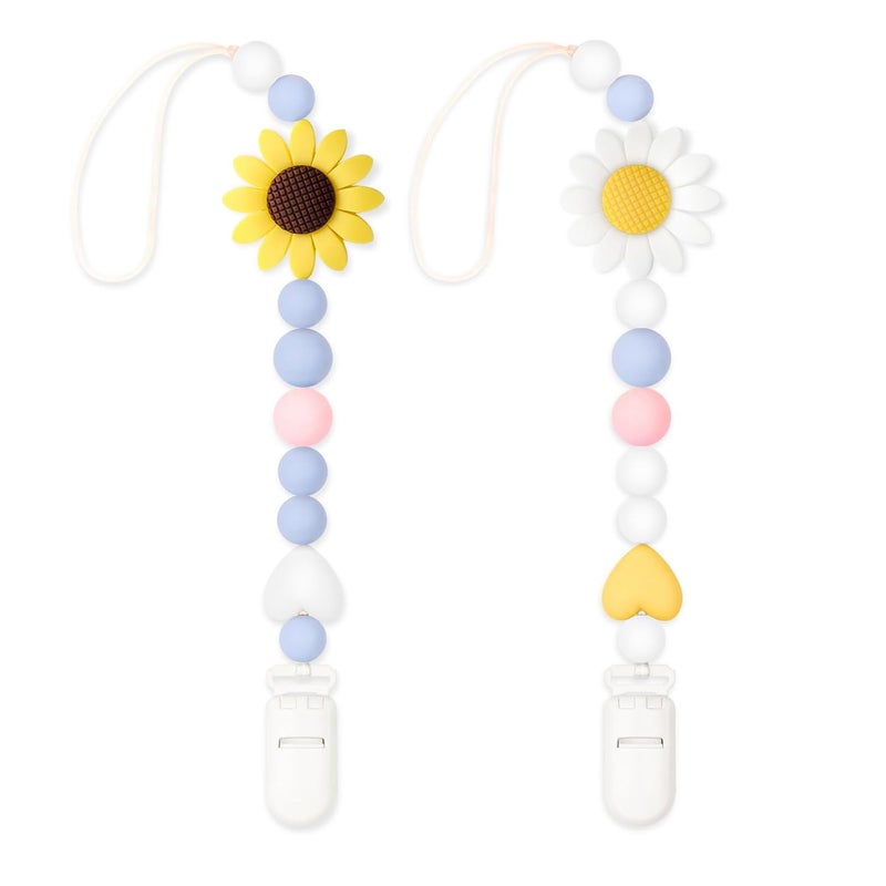 LSTRAGY Silicone Pacifier Clip 2 Pack Pacifier Holder for Boys and Girls Adorable Sunflower Pacifier Clips Fits for Most Pacifier Baby Teethers Baby Shower and Baby GiftWhiteYellow - Image 1