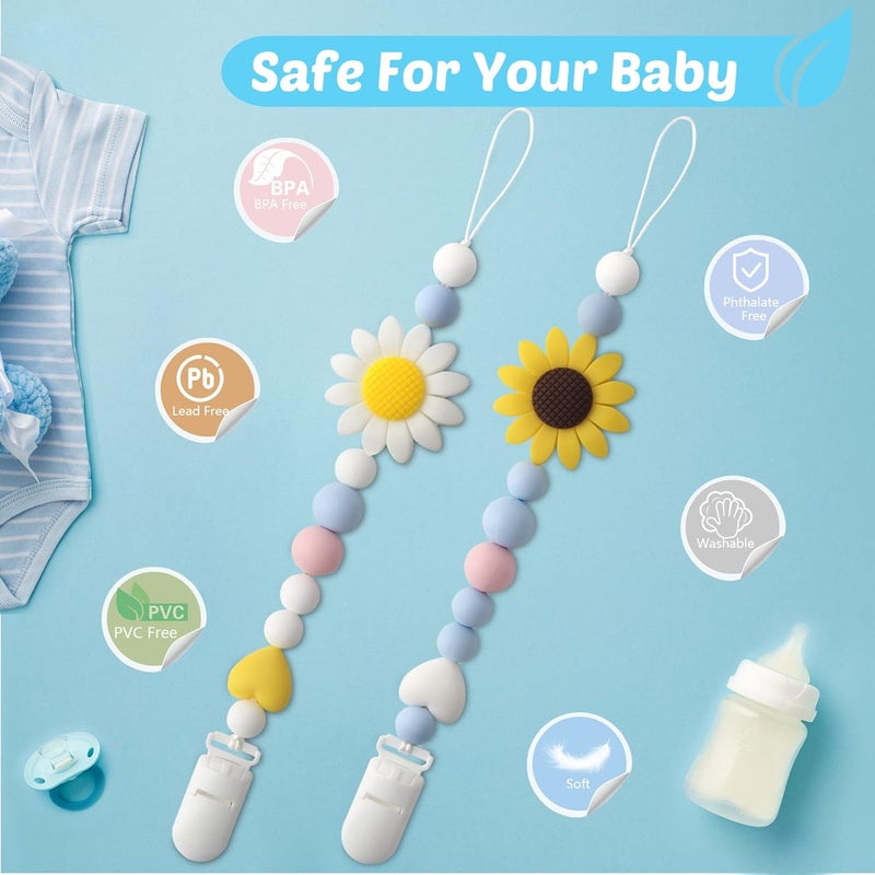 LSTRAGY Silicone Pacifier Clip 2 Pack Pacifier Holder for Boys and Girls Adorable Sunflower Pacifier Clips Fits for Most Pacifier Baby Teethers Baby Shower and Baby GiftWhiteYellow - Image 4