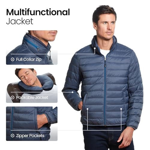 Weatherproof Men's Puffer Jacket, Lightweight Alternative Down Jacket with Packable Travel Neck Pillow, Travel-Ready Winter Jackets for Men, Water & Wind Resistant, Pewter, Large - Image 5
