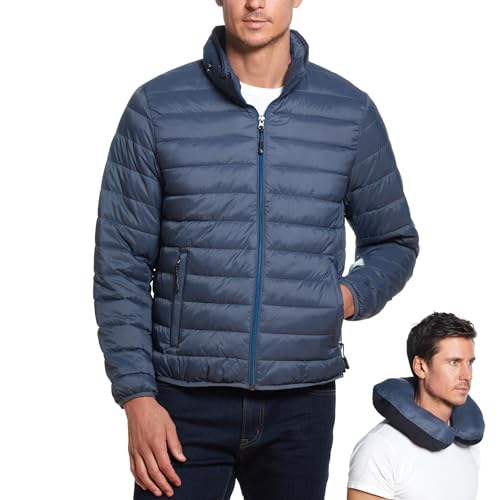 Weatherproof Men's Puffer Jacket, Lightweight Alternative Down Jacket with Packable Travel Neck Pillow, Travel-Ready Winter Jackets for Men, Water & Wind Resistant, Pewter, Large - Image 1