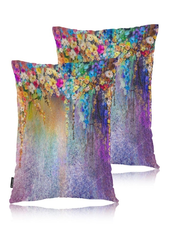 Swono Set of 2 Decorative Throw Pillow Covers Ivy Flowers, Abstract Blossom Floral Farmhouse Pillowcases Accent Pillow Cushion Cover for Couch Sofa Bed Office Armchair 18 X 18 Inch, Rainbow Purple - Image 1