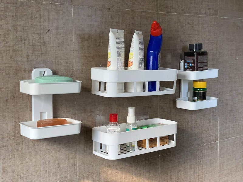 MOHAK MOHAK ABS Plastic Multipurpose Kitchen Bathroom Corner Shelf and 2 Soap Box Shelf Wall Holder Storage Box Strong Magic Sticker Shower Rack - White (SOAP Box 2 Layer 2PCS + Bathroom SHELVE 2PCS)  - Image 1