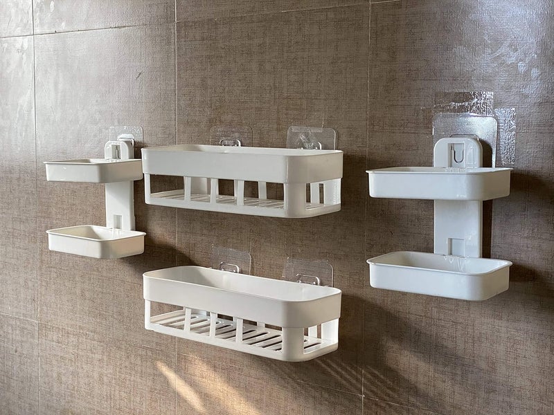 MOHAK MOHAK ABS Plastic Multipurpose Kitchen Bathroom Corner Shelf and 2 Soap Box Shelf Wall Holder Storage Box Strong Magic Sticker Shower Rack - White (SOAP Box 2 Layer 2PCS + Bathroom SHELVE 2PCS)  - Image 4