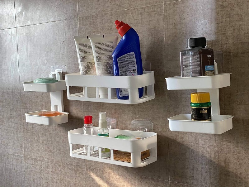 MOHAK MOHAK ABS Plastic Multipurpose Kitchen Bathroom Corner Shelf and 2 Soap Box Shelf Wall Holder Storage Box Strong Magic Sticker Shower Rack - White (SOAP Box 2 Layer 2PCS + Bathroom SHELVE 2PCS)  - Image 2