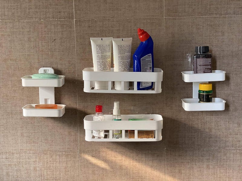 MOHAK MOHAK ABS Plastic Multipurpose Kitchen Bathroom Corner Shelf and 2 Soap Box Shelf Wall Holder Storage Box Strong Magic Sticker Shower Rack - White (SOAP Box 2 Layer 2PCS + Bathroom SHELVE 2PCS)  - Image 3