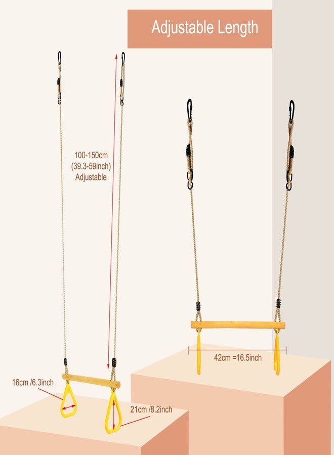 YAERSI Wooden Trapeze with Plastic Gym Rings Trapeze Swing Bar with Adjustable Rope for Indoor Playground 2 in 1 Swing Set Yellow - Image 2