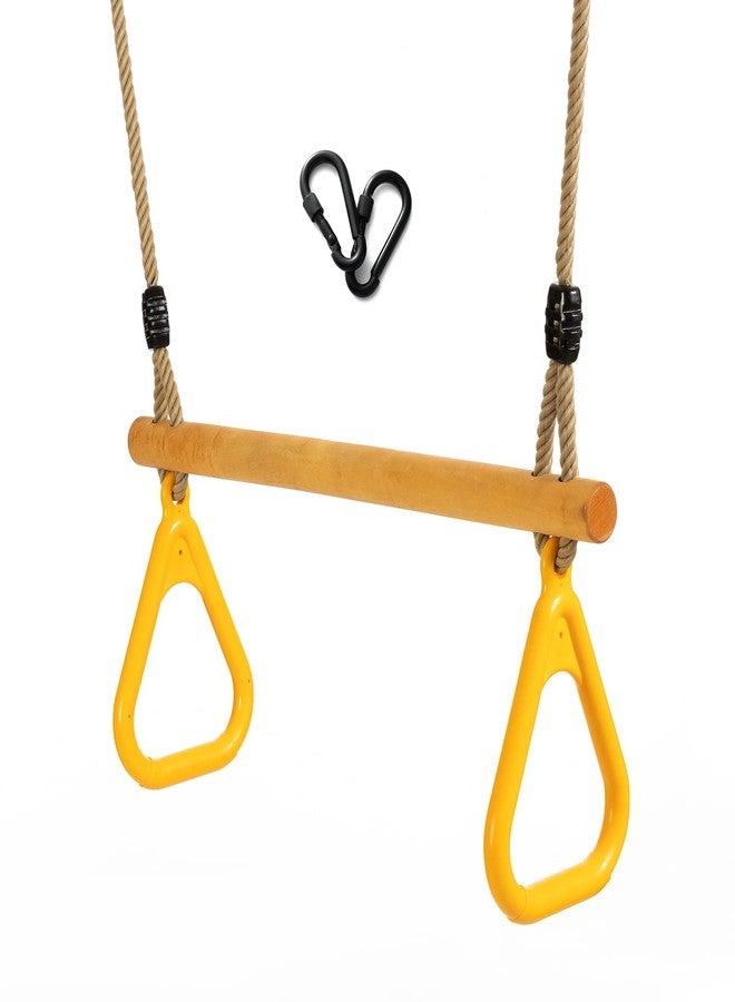 YAERSI Wooden Trapeze with Plastic Gym Rings Trapeze Swing Bar with Adjustable Rope for Indoor Playground 2 in 1 Swing Set Yellow - Image 1
