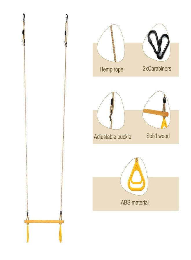 YAERSI Wooden Trapeze with Plastic Gym Rings Trapeze Swing Bar with Adjustable Rope for Indoor Playground 2 in 1 Swing Set Yellow - Image 3