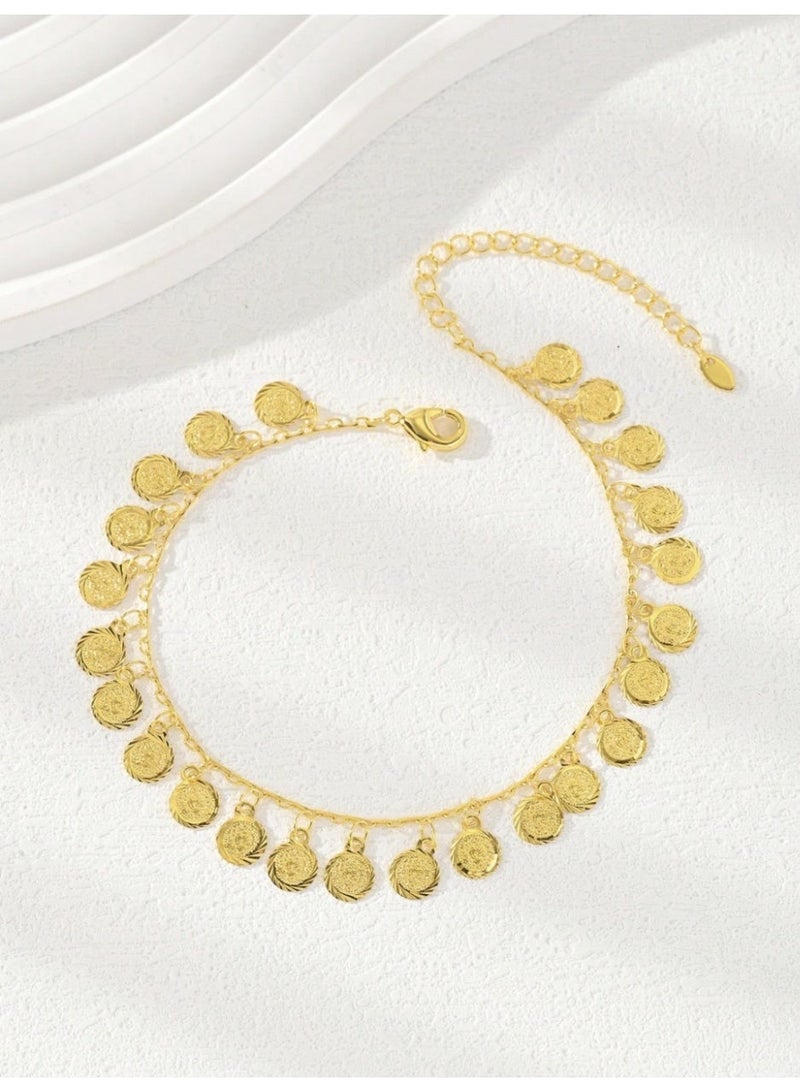 ڤيا خلخال فاخر من الفولاذ المقاوم للصدأ مطلي بذهب عيار 18K، بتصميم بسيط مزين بكرات ناعمة على شكل قطرة ماء. - Image 3