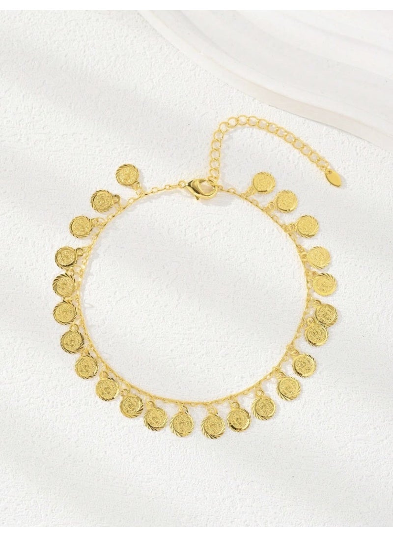 ڤيا خلخال فاخر من الفولاذ المقاوم للصدأ مطلي بذهب عيار 18K، بتصميم بسيط مزين بكرات ناعمة على شكل قطرة ماء. - Image 5