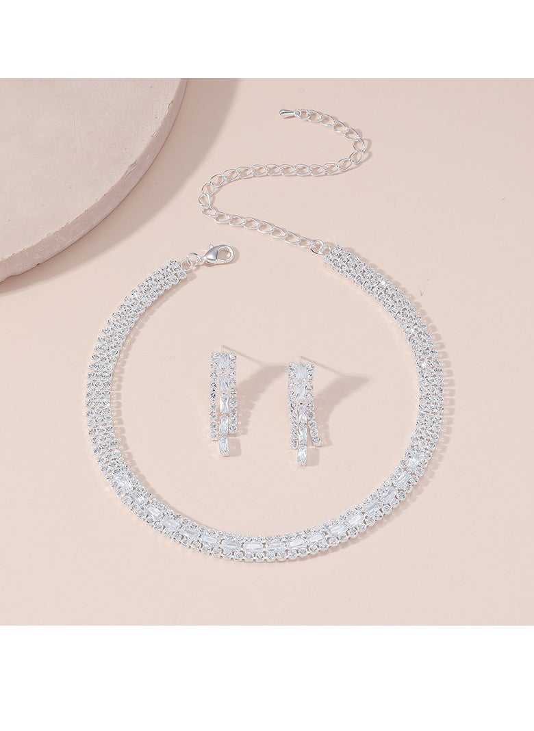 Generic 2Piece Necklace and Earrings Set Full Diamond Necklace Crystal Earrings Wedding Bridal Bridesmaid Costume Jewelry Set for Women and Girls Dress Accessories  - Image 1