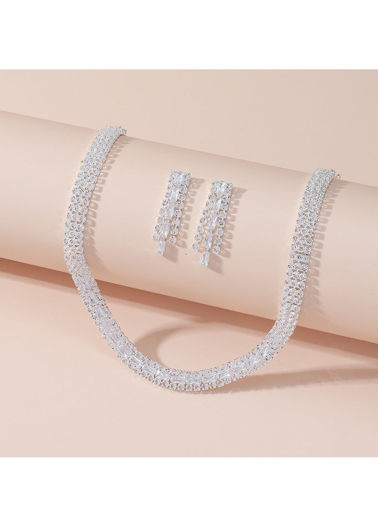 Generic 2Piece Necklace and Earrings Set Full Diamond Necklace Crystal Earrings Wedding Bridal Bridesmaid Costume Jewelry Set for Women and Girls Dress Accessories  - Image 2