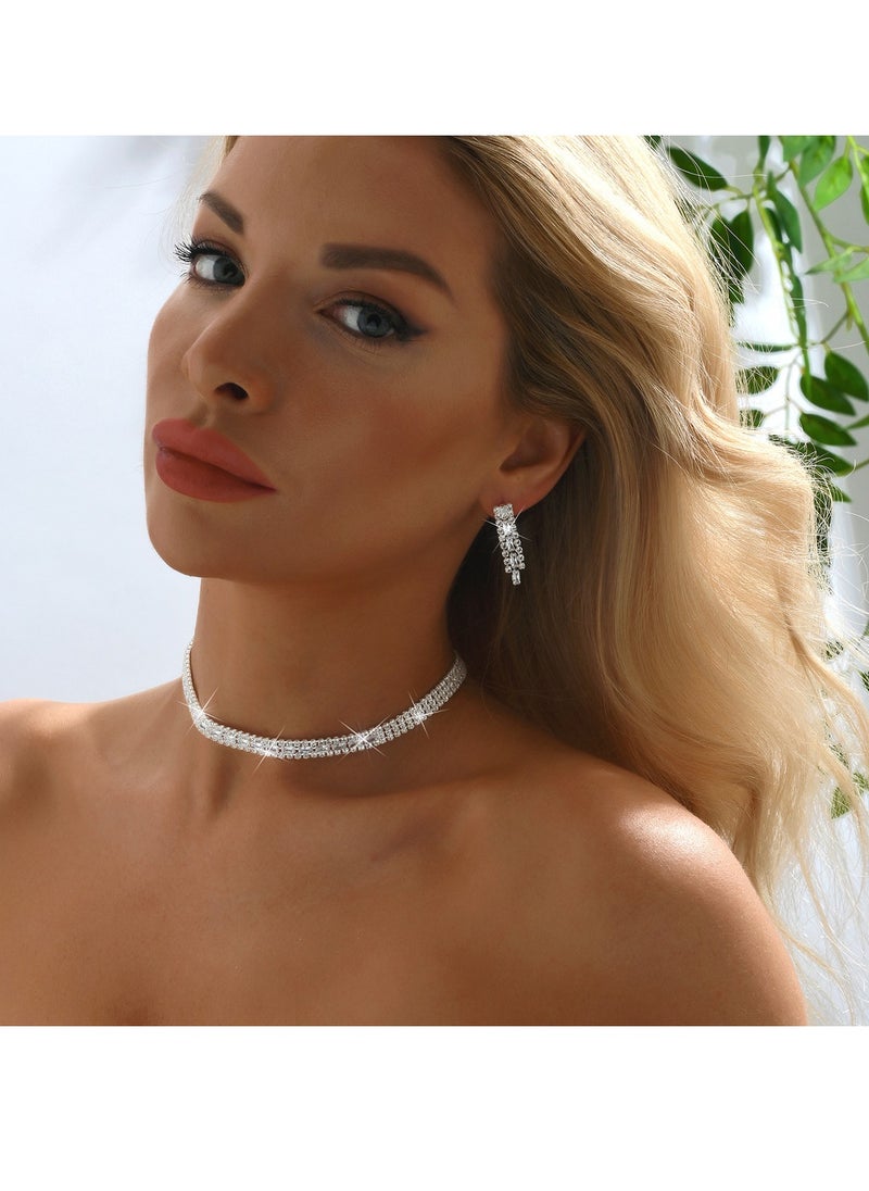 Generic 2Piece Necklace and Earrings Set Full Diamond Necklace Crystal Earrings Wedding Bridal Bridesmaid Costume Jewelry Set for Women and Girls Dress Accessories  - Image 3