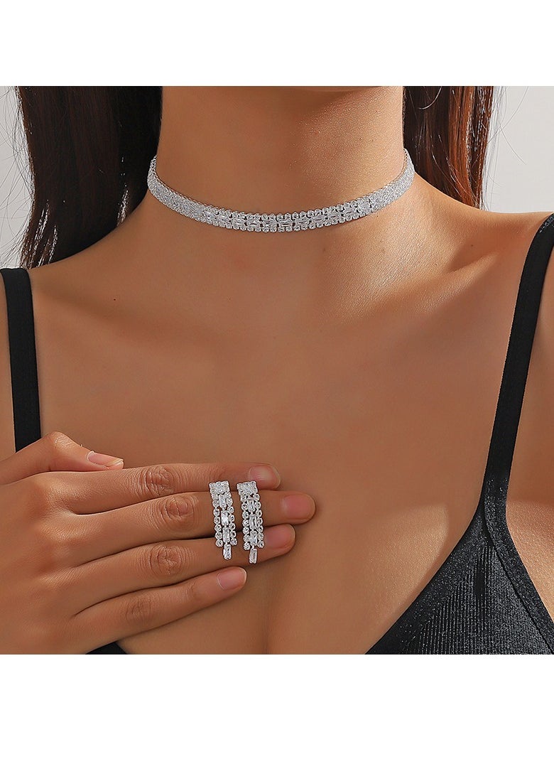Generic 2Piece Necklace and Earrings Set Full Diamond Necklace Crystal Earrings Wedding Bridal Bridesmaid Costume Jewelry Set for Women and Girls Dress Accessories  - Image 4