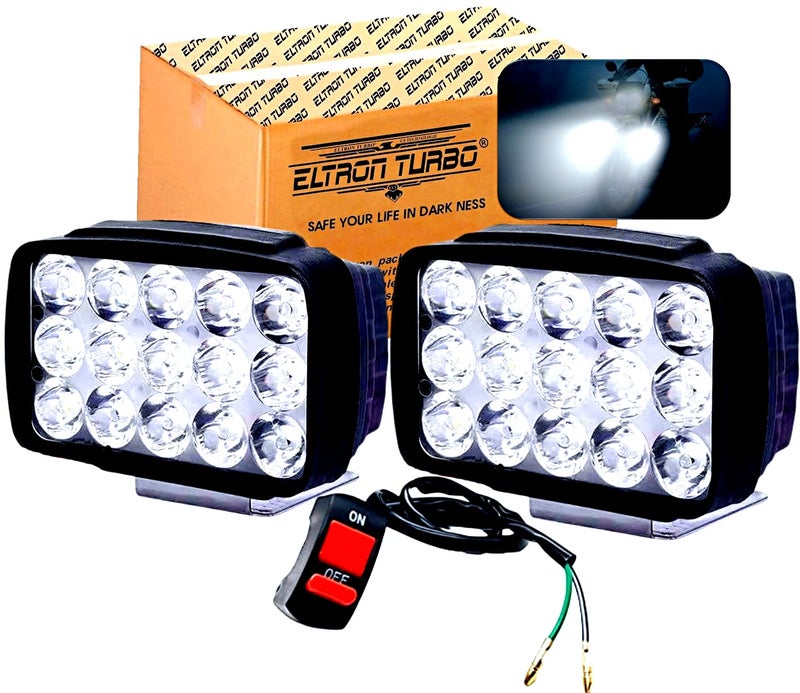 ELTRON TURBO ELT541YGRT Original Imported 12V DC Power Waterproof 15 LED Fog Head Lamp, Bar Light Off-Roading Universal For All Motorcycle, Bikes, Scooty (Pack of 2, Free On/Off Switch, White) - Image 1