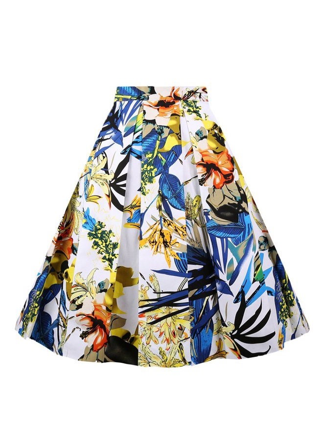 Girstunm Women's Pleated Vintage Skirt Floral Print A-line Midi Skirts with Pockets Blue-Yellow Flowers XX-Large, Blue-yellow Flowers, XXL - Image 1