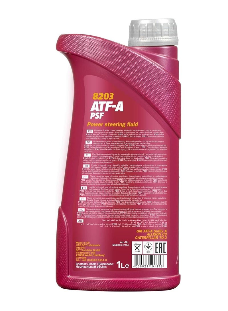MANNOL زيت معدني عالمي MANNOL GERMAN ATF-A PSF لجميع المواسم لأنظمة توجيه القوة، وناقلات الحركة الأوتوماتيكية من الأجيال القديمة، لجميع أنواع المركبات. مصمم وفقًا لمتطلبات GM. (1 لتر) - Image 2