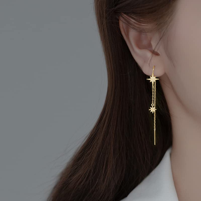 SLUYNZ Sterling Silver CZ Star Dangle Earrings for Women Teen Girls Long Dangle Earrings Threader Tassel (B-Gold) - Image 2