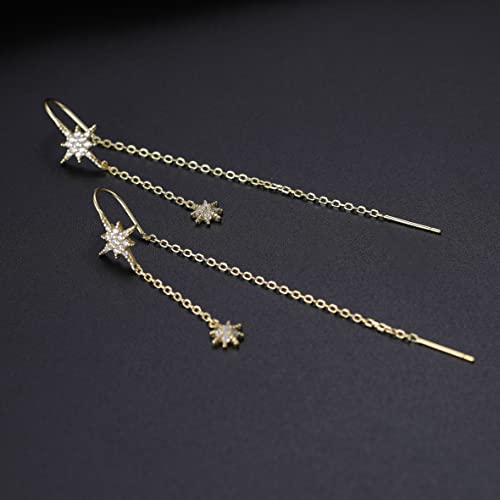 SLUYNZ Sterling Silver CZ Star Dangle Earrings for Women Teen Girls Long Dangle Earrings Threader Tassel (B-Gold) - Image 4