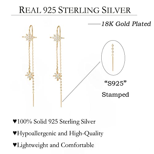 SLUYNZ Sterling Silver CZ Star Dangle Earrings for Women Teen Girls Long Dangle Earrings Threader Tassel (B-Gold) - Image 5