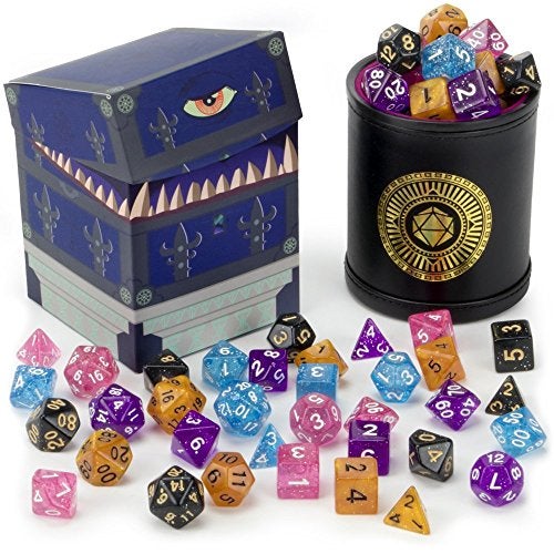 Wiz Dice Cup of Wonder 35 Polyhedral DND Dice Dice Shaker Cup Box for Storage 5 Set of 7 Unique Colors Polyhedral Role Playing Dice in Unique Colors DND Accessories for TTRPG Dice Games - Image 1
