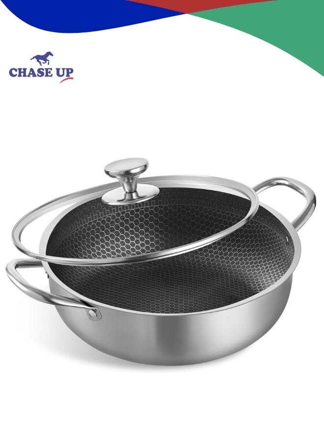 Chase Up Stainless Steel Saute Pan, Cookware with Lid, 30CM Deep Frying Pan, Nonstick Honeycomb Cooking Pot with Handles, Large Kadai Skillet, Wok Pan Compatible with All Cooktops, Dishwasher Safe - Image 1
