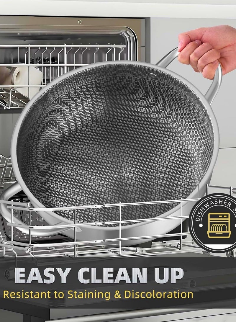 Chase Up Stainless Steel Saute Pan, Cookware with Lid, 30CM Deep Frying Pan, Nonstick Honeycomb Cooking Pot with Handles, Large Kadai Skillet, Wok Pan Compatible with All Cooktops, Dishwasher Safe - Image 3
