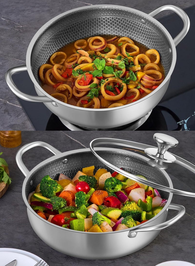 Chase Up Stainless Steel Saute Pan, Cookware with Lid, 30CM Deep Frying Pan, Nonstick Honeycomb Cooking Pot with Handles, Large Kadai Skillet, Wok Pan Compatible with All Cooktops, Dishwasher Safe - Image 4