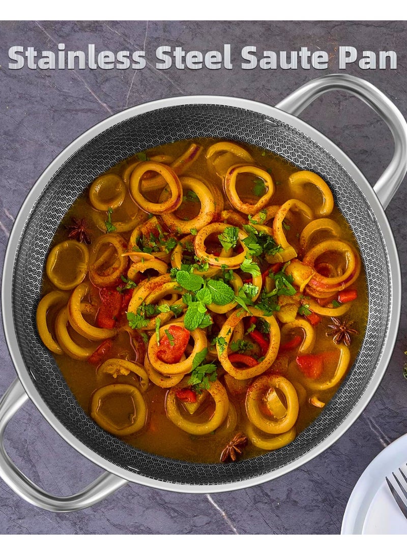 Chase Up Stainless Steel Saute Pan, Cookware with Lid, 30CM Deep Frying Pan, Nonstick Honeycomb Cooking Pot with Handles, Large Kadai Skillet, Wok Pan Compatible with All Cooktops, Dishwasher Safe - Image 2