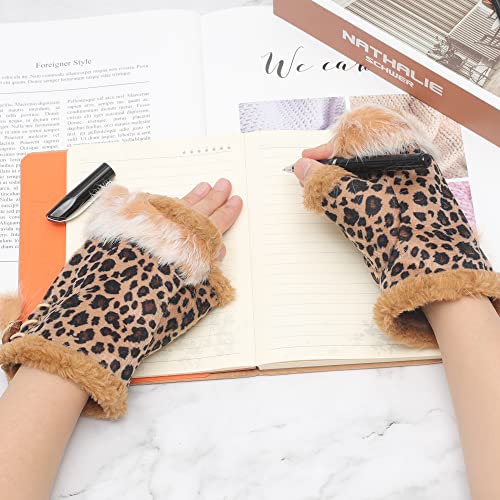 ZLYC Women Teen Classic Winter Warm Rabbit Fur Hands Wrist Fingerless Gloves Mittens, Leopard Print - Image 2