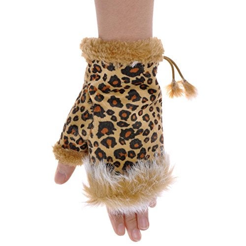 ZLYC Women Teen Classic Winter Warm Rabbit Fur Hands Wrist Fingerless Gloves Mittens, Leopard Print - Image 4