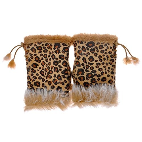 ZLYC Women Teen Classic Winter Warm Rabbit Fur Hands Wrist Fingerless Gloves Mittens, Leopard Print - Image 1