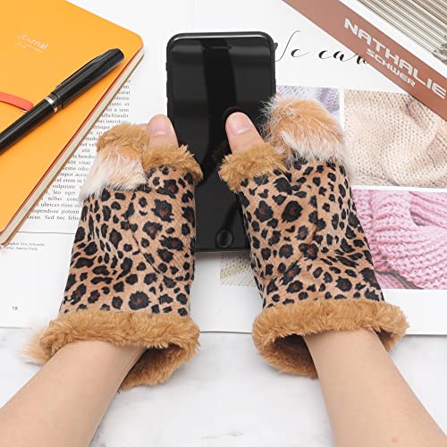 ZLYC Women Teen Classic Winter Warm Rabbit Fur Hands Wrist Fingerless Gloves Mittens, Leopard Print - Image 3