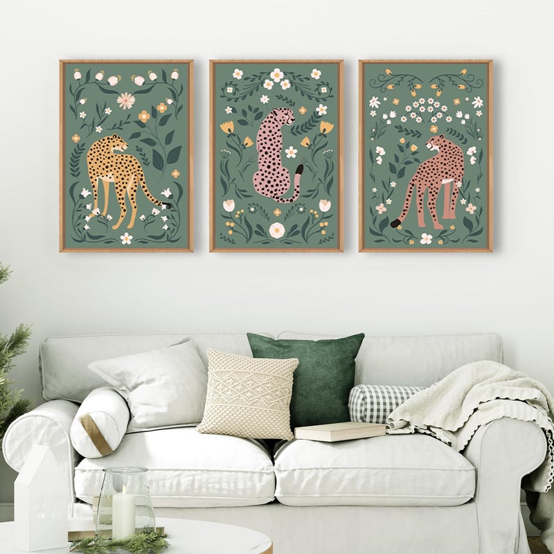 KAIRNE Boho Cheetah Wall Art Set of 3, Floral Leopard with Green Botanical Background, Mid Century Modern Animal Prints for Bedroom, Living Room, Office Decor, Aesthetic Framed Wall Decor, 16x24 Inch - Image 2