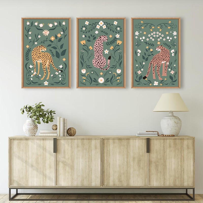 KAIRNE Boho Cheetah Wall Art Set of 3, Floral Leopard with Green Botanical Background, Mid Century Modern Animal Prints for Bedroom, Living Room, Office Decor, Aesthetic Framed Wall Decor, 16x24 Inch - Image 4