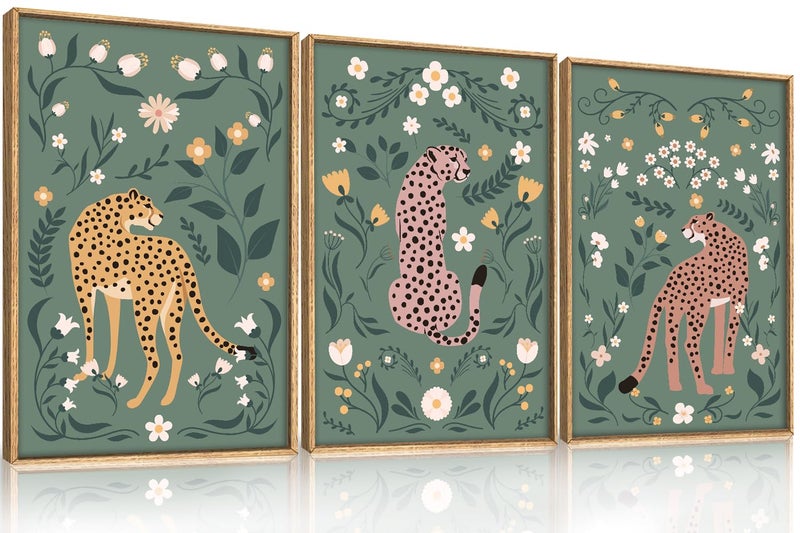 KAIRNE Boho Cheetah Wall Art Set of 3, Floral Leopard with Green Botanical Background, Mid Century Modern Animal Prints for Bedroom, Living Room, Office Decor, Aesthetic Framed Wall Decor, 16x24 Inch - Image 1