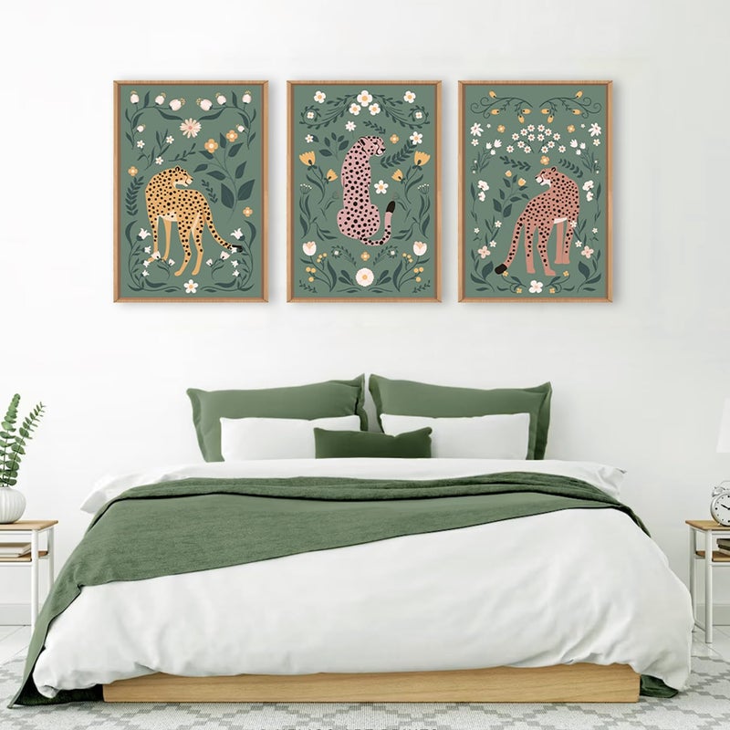 KAIRNE Boho Cheetah Wall Art Set of 3, Floral Leopard with Green Botanical Background, Mid Century Modern Animal Prints for Bedroom, Living Room, Office Decor, Aesthetic Framed Wall Decor, 16x24 Inch - Image 3