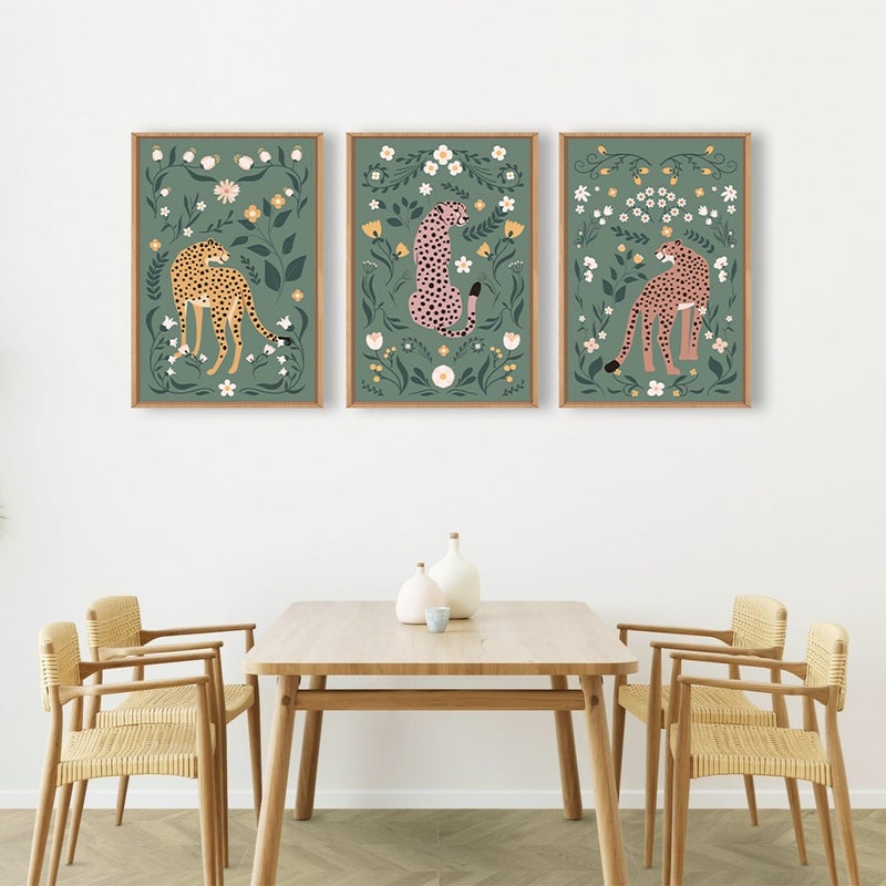 KAIRNE Boho Cheetah Wall Art Set of 3, Floral Leopard with Green Botanical Background, Mid Century Modern Animal Prints for Bedroom, Living Room, Office Decor, Aesthetic Framed Wall Decor, 16x24 Inch - Image 5