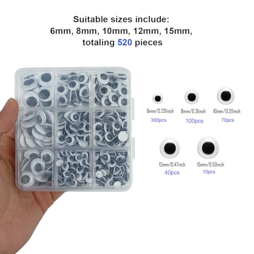 FKEYTO 520 Pcs Wiggle Googly Eyes with Self-Adhesive, 6mm 8mm 10 mm 12mm 15mm Mixed Packaging (Black and White) - Image 2